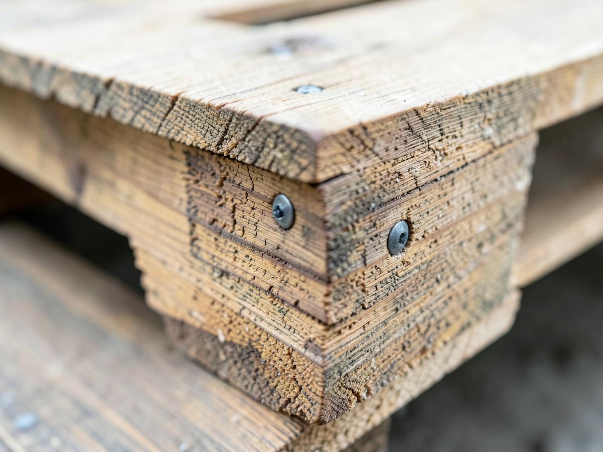 Close view of the corner block and deck boards of a used Euro-format timber pallet; no markings are shown.