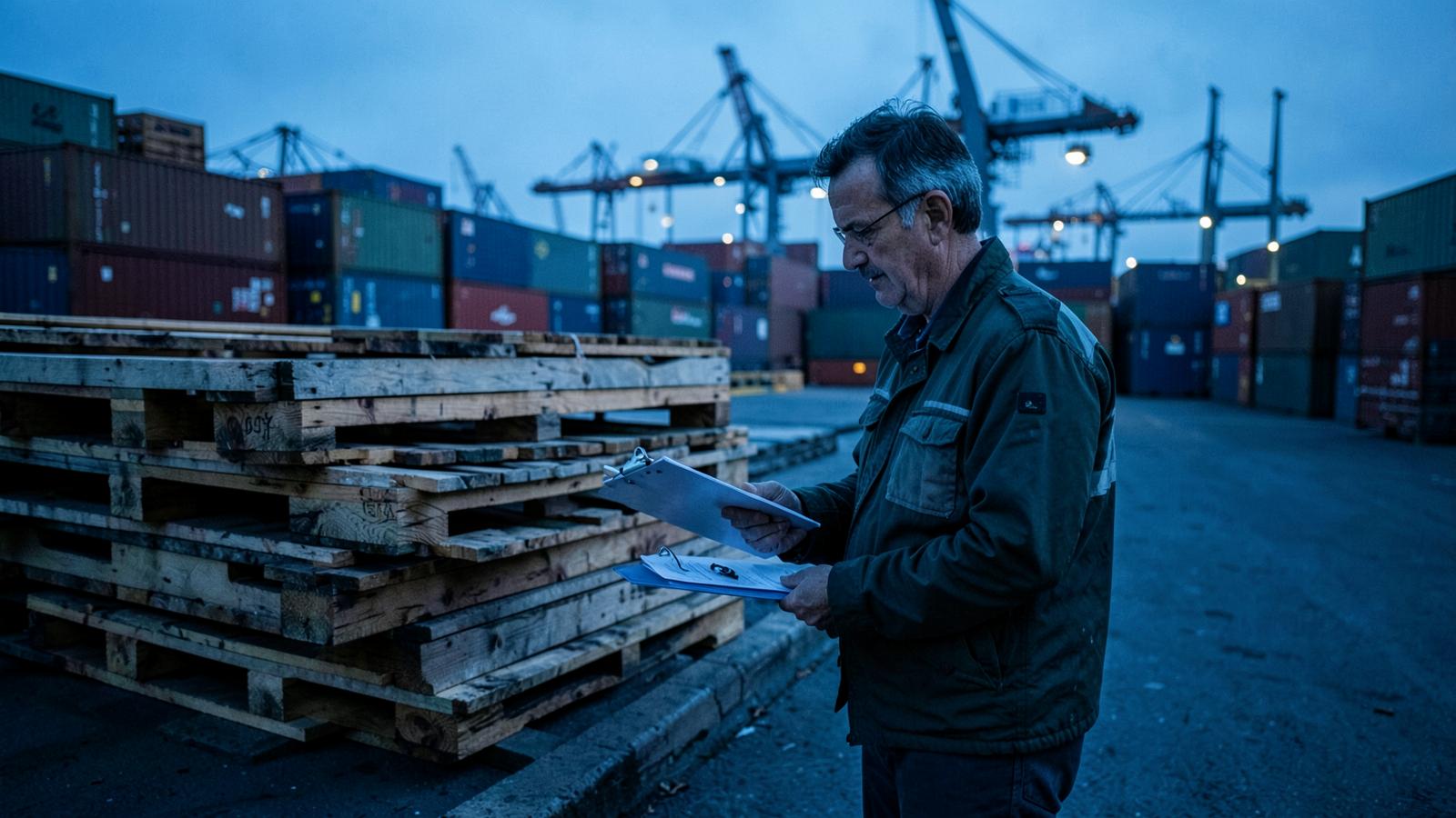Illustrative container port scene accompanying export-ready Euro pallet guidance; treatment marks are not shown.